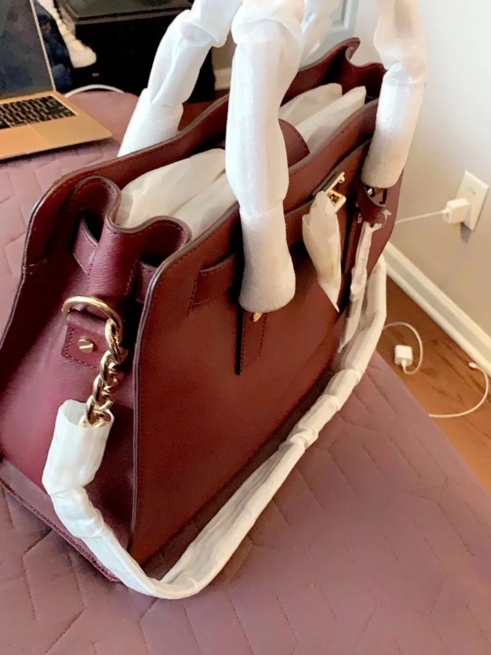Michael Kors Burgundy Structured Satchel with Gold Hardware